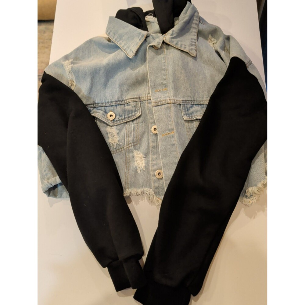 Dance & Marvel Hooded Denim Jacket Distressed Crop Twofer Jean Sweatshirt